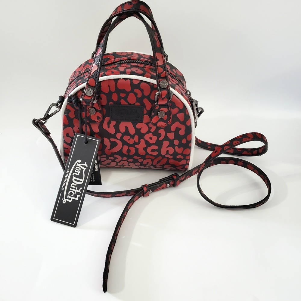 New Von Dutch Bag Purse Black Red Cheetah Print Bowling Crossbody Strap Y2K Logo - Picture 3 of 6